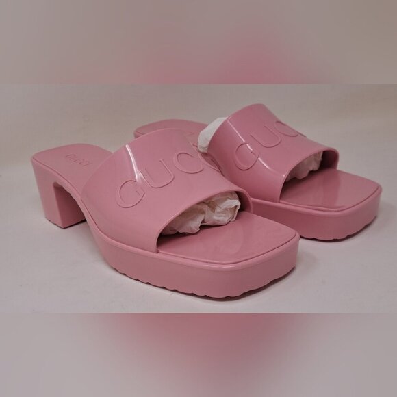 Gucci Rubber Gucci Logo Womens Platform 20/60mm Slide  Gucci Women\'s Jelly Platform Sandals Slides Wild Rose Pink Rubber Size 36 / 6 US